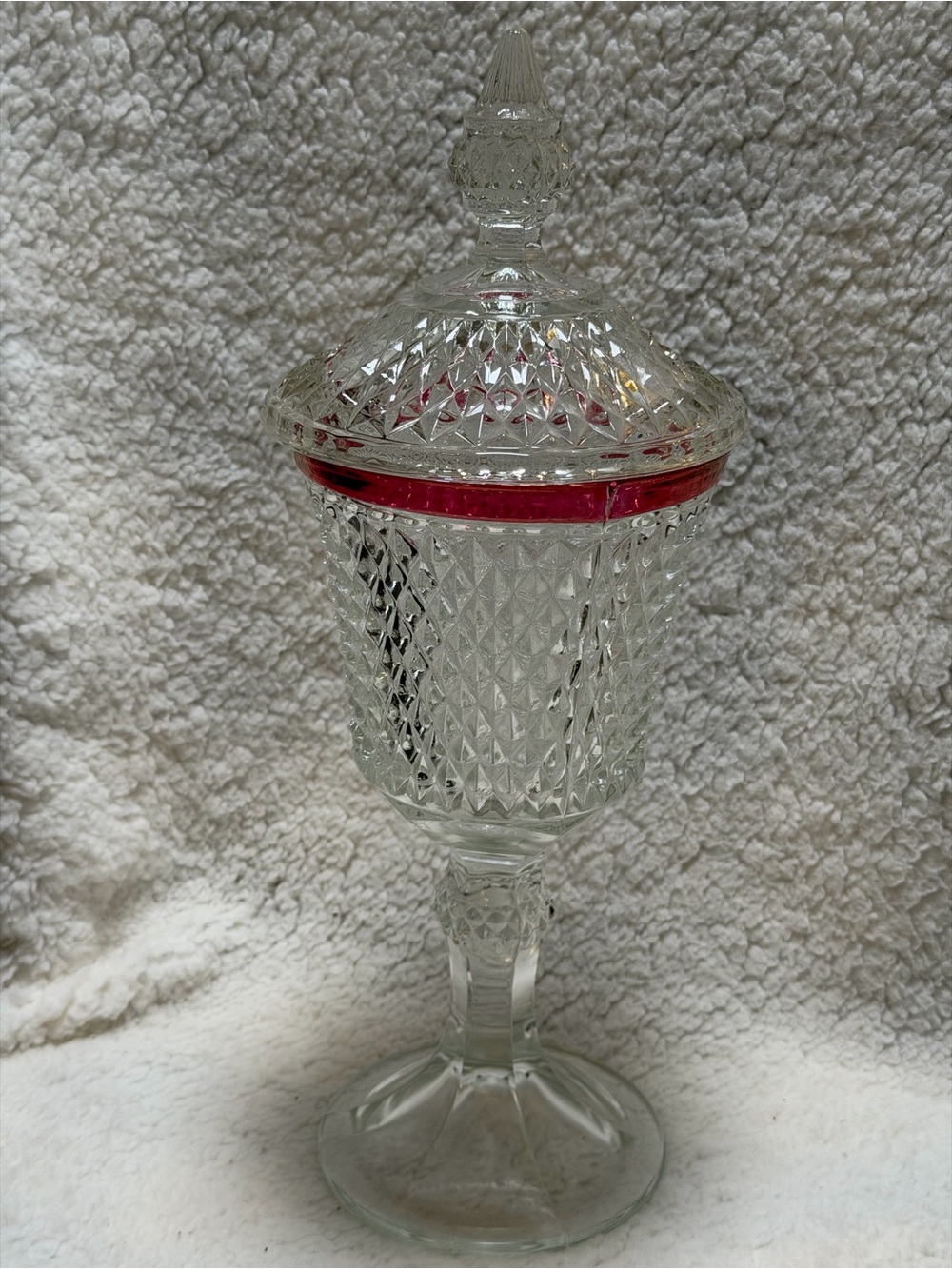 Vintage Indiana Glass Covered Urn Clear Diamond Point Ruby Band Candy 15 5/8"